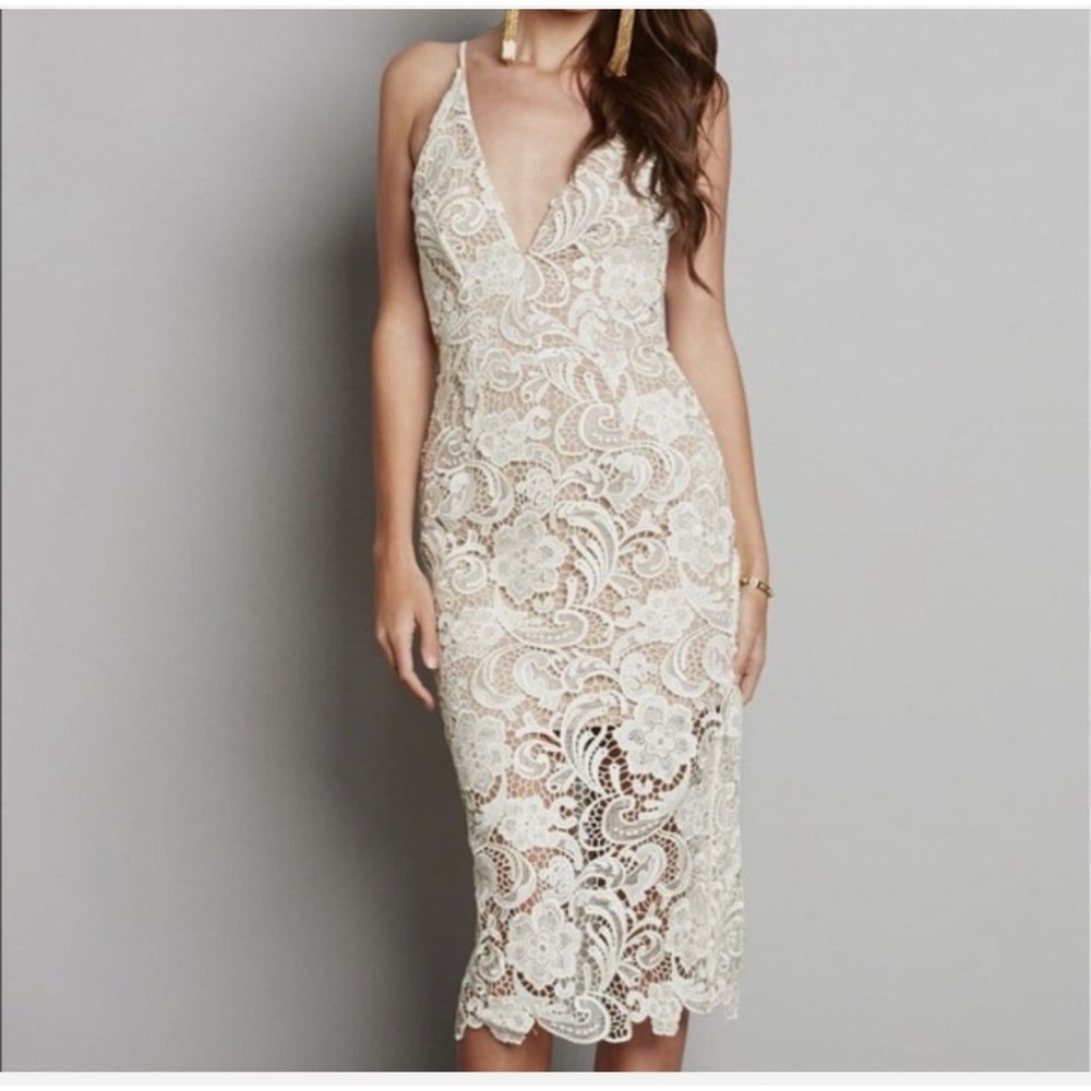 Dress the Population Marie Ivory Lace plunge Midi Dress Nude Lining Med bridal
